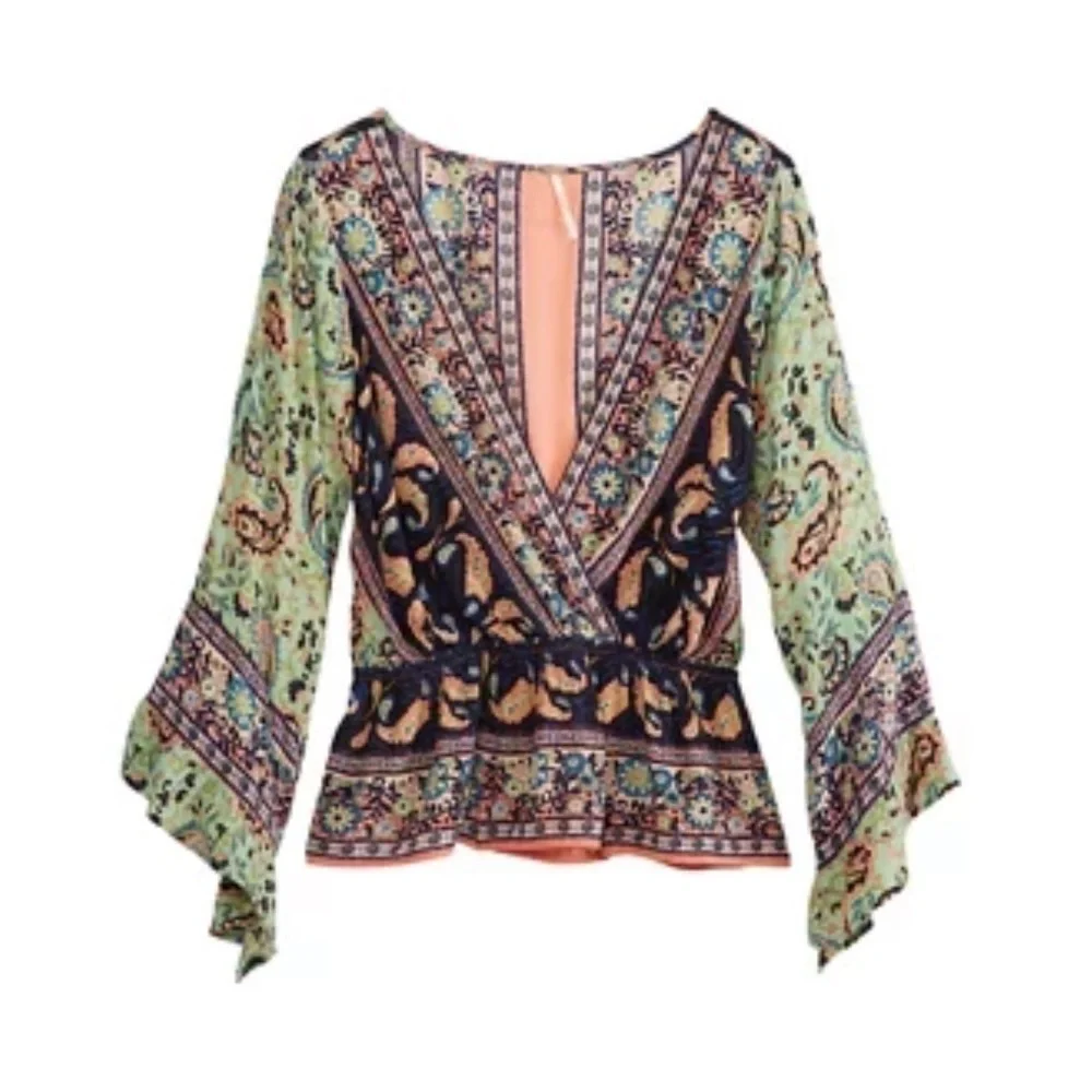 Free People Rosalie Peasant Wrap Top in Mulit Size‎ Small